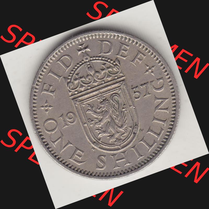 Münzen Großbritannien Umlaufmünze 1954-1970, 1 Schilling - Shilling, 1957-1 Wappen mit einen Löwen. Rückseite der alten britischen Münze aus Großbritannien... Sammlung