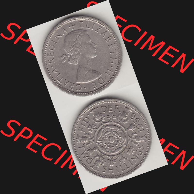 Münzen Großbritannien Umlaufmünze 1954-1970, 2 Schilling - Shillings 1966-7. Vorderseite und Rückseite vertikal untereinander auf einen digitalen Bild der alten britischen... Sammlung