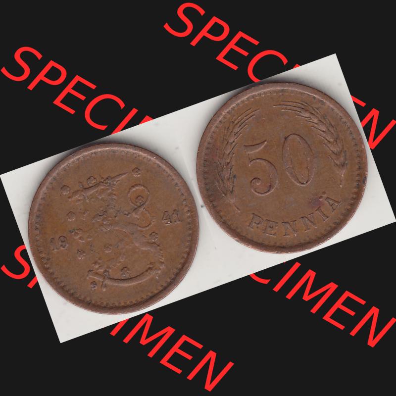 Alte Münzen KMS Finnland, Kursmünzensatz 1940-1943, 50 Penny, Penniä, Kupfer 1941-1. Digitales Bild / Bildmaterial mit Vorderseite und Rückseite einer... Sammlung