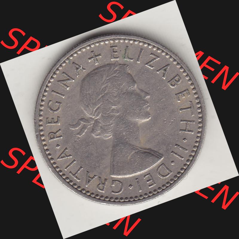 Münzen Großbritannien Umlaufmünze 1954-1970, 1 Schilling - Shilling, 1955-1 Wappen mit drei Löwen. Vorderseite der alten britischen Münze aus Großbritannien... Sammlung