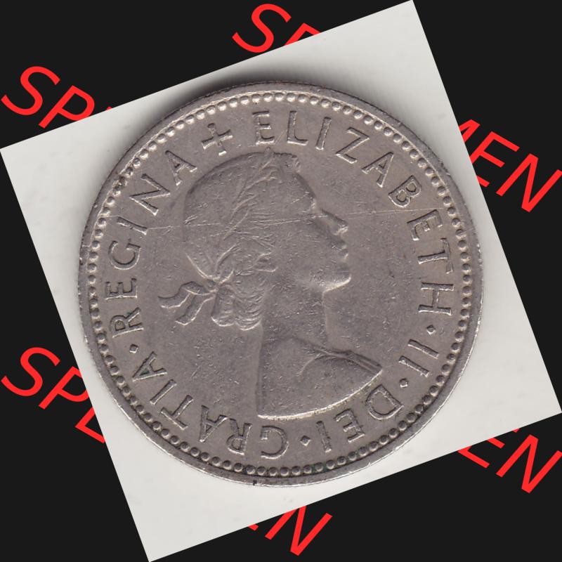 Münzen Großbritannien Umlaufmünze 1954-1970, 1 Schilling - Shilling, 1957-2 Wappen mit drei Löwen. Vorderseite der alten britischen Münze aus Großbritannien... Sammlung