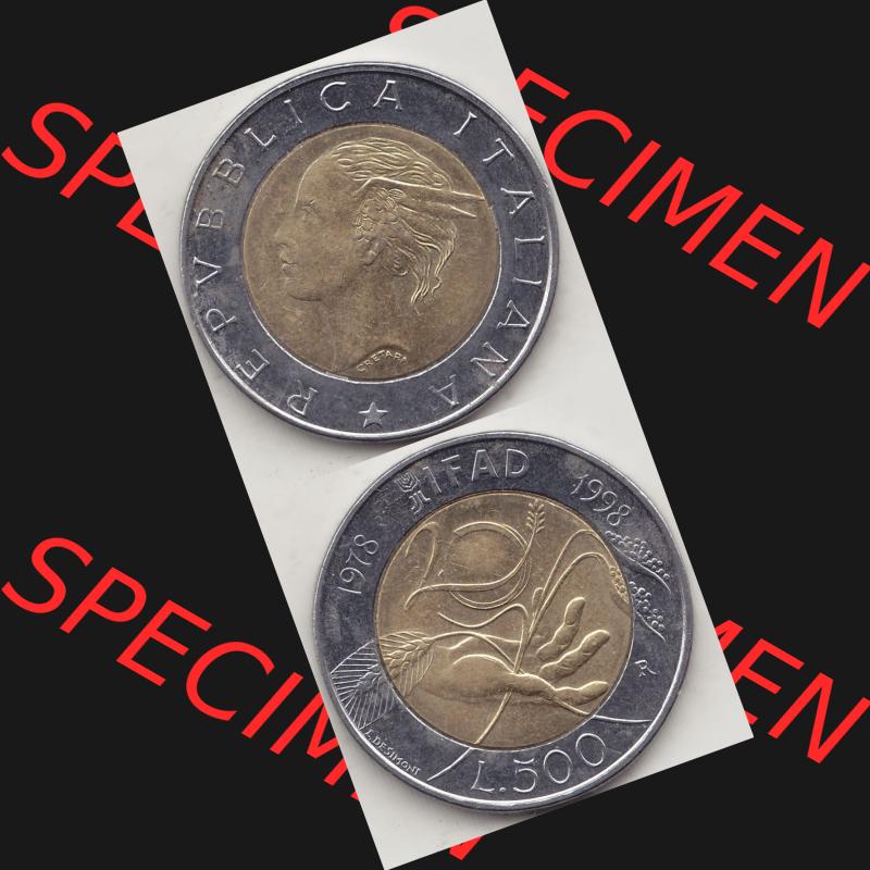 Bildmaterial von Münzen aus Italien / Italia Gedenkmünzen 1998-1998, 500 Lire, 20 Jahre Internationaler Fonds für die landwirtschaftliche Entwicklung (1978-1998)-1.... Sammlung