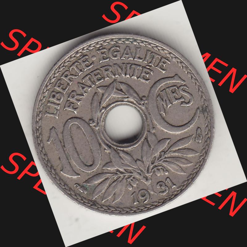 Münzen Frankreich Umlaufmünze 1917-1938, 10 Centimes, 10 CMES EGALITÉ FRATERNITÉ LIBERTÉ 1931-1. Digitales Bild der Rückseite mit Wertzahl / Nennwert... Sammlung