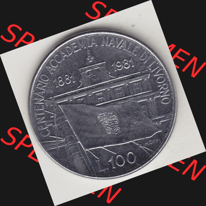 Bildmaterial von Münzen aus Italien / Italia Gedenkmünzen 1981-1981, 100 Lire, 100. Jahrestag der Gründung der Marineakademie in Livorno (1881-1981)-1.... Sammlung