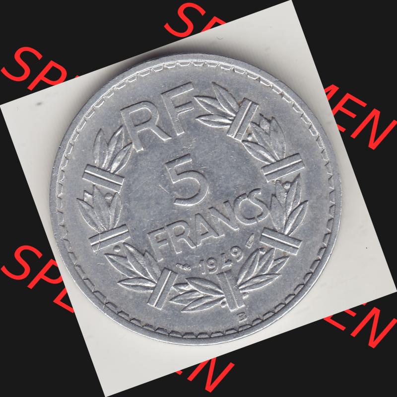 Alte Münzen KMS Frankreich, aus Kursmünzensatz-Zusammenstellung der Jahre 1917-1952, mit der Münze 1945-1952, 5 Franken, Francs 1949-1. Rückseite der... Sammlung