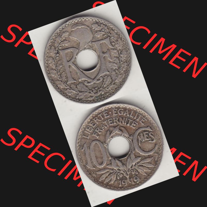 Münzen Frankreich Umlaufmünze Vollansicht 1917-1938, 10 Centimes, 10 CMES EGALITÉ FRATERNITÉ LIBERTÉ 1919-1. Vorderseite und Rückseite vertikal auf... Sammlung