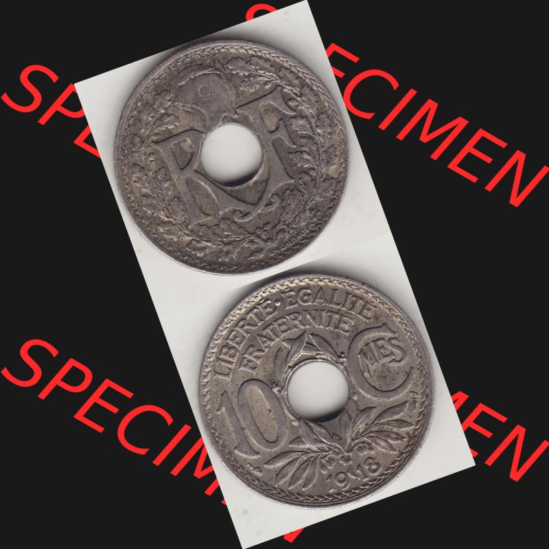 Münzen Frankreich Umlaufmünze Vollansicht 1917-1938, 10 Centimes, 10 CMES EGALITÉ FRATERNITÉ LIBERTÉ 1918-2. Vertikales beidseitiges Bildmaterial der Vorderseite... Sammlung