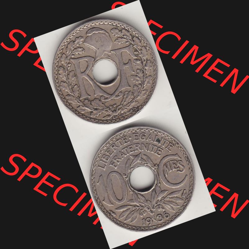 Münzen Frankreich Umlaufmünze 1917-1938, 10 Centimes - Cmes 1936. Vorderseite und Rückseite vertikal auf einen digitalen Bild der alten französischen Umlaufmünze 10... Sammlung