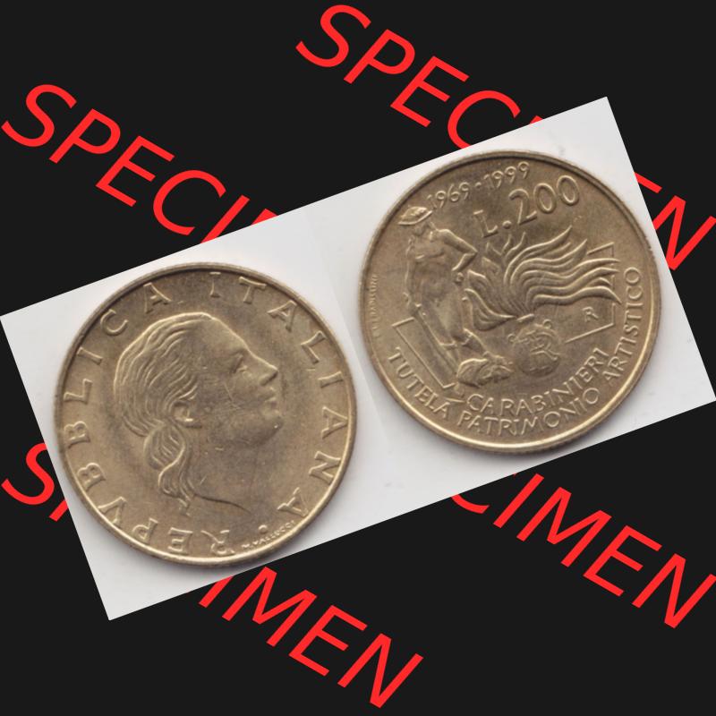Bildmaterial von Münzen aus Italien / Italia Gedenkmünzen 1999-1999, 200 Lire Carabinieri, Schutz der Kunsterbe. Vorderseite und Rückseite horizontal auf einen digitalen... Sammlung