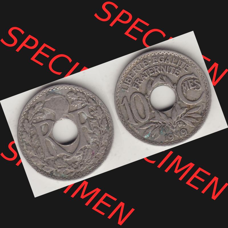 Münzen Frankreich Umlaufmünze Vollansicht 1917-1938, 10 Centimes, 10 CMES EGALITÉ FRATERNITÉ LIBERTÉ 1919-2. Vorderseite und Rückseite horizontal... Sammlung