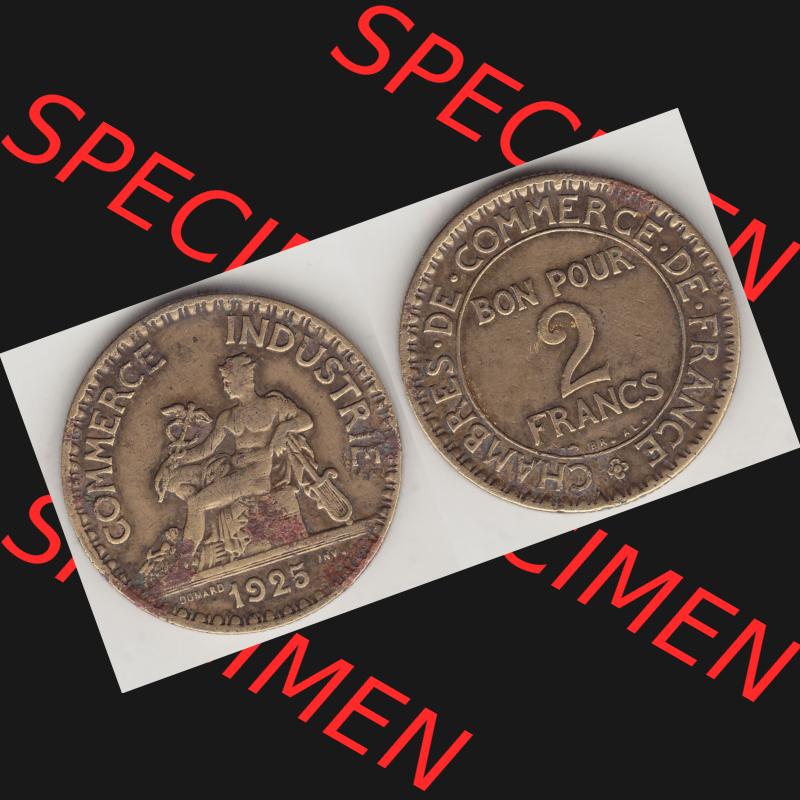 Münzen Frankreich Umlaufmünze 1920-1927, 2 Franken 1925-1, BON POUR 2 FRANCS CHAMBRES DE COMMERCE DE FRANCE. Vorderseite und Rückseite horizontal auf einen digitalen Bild... Sammlung
