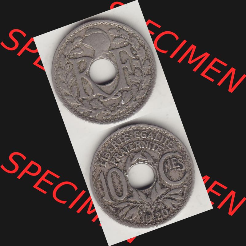 Münzen Frankreich Umlaufmünze Vollansicht 1917-1938, 10 Centimes, 10 CMES EGALITÉ FRATERNITÉ LIBERTÉ 1920-1. Vertikales beidseitiges Bildmaterial der Vorderseite... Sammlung