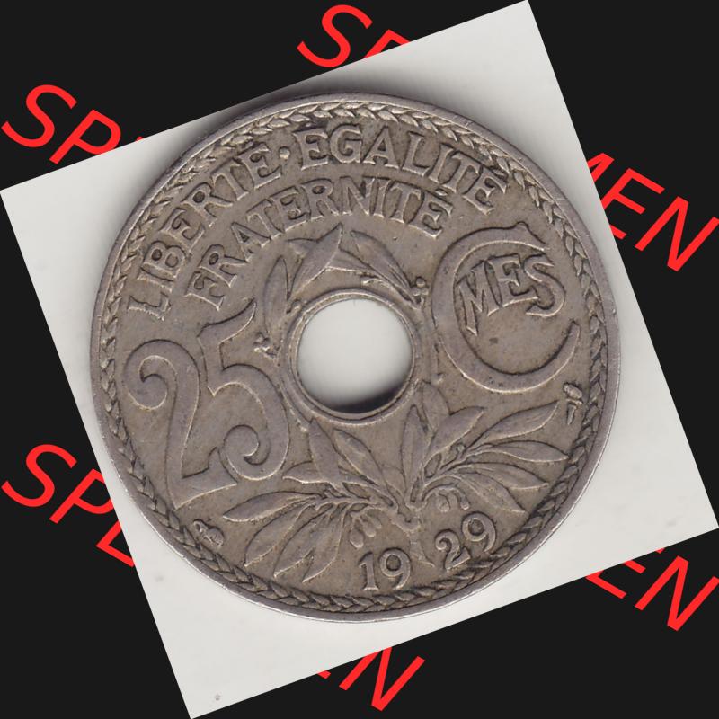 Münzen Frankreich Umlaufmünze 1917-1937, 25 Cmes, Centimes 1929-1 LIBERTE EGALITE FRATERNITE. Digitales Bild der Rückseite mit Wertzahl / Nennwert einer Umlaufmünze... Sammlung