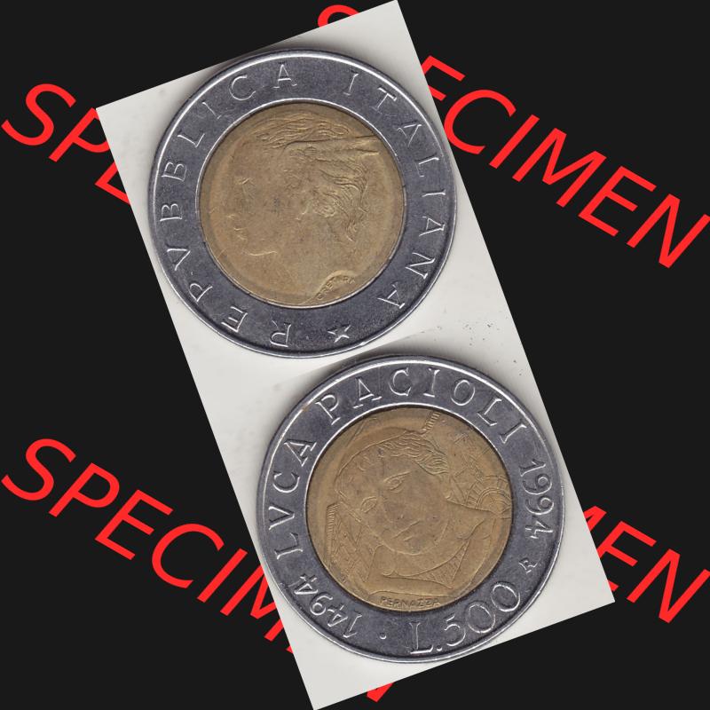 Bildmaterial von Münzen aus Italien / Italia Gedenkmünzen 1994-1994, 500 Lire, 500. Geburtstag von Luca Pacioli (1494-1994)-1. Vorderseite und Rückseite... Sammlung