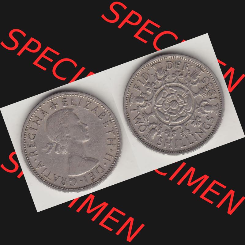 Münzen Großbritannien Umlaufmünze 1954-1970, 2 Schilling - Shillings 1955-1. Vorderseite und Rückseite horizontal auf einen digitalen Bild der alten britischen Münze... Sammlung