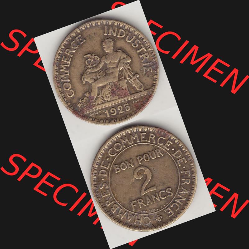 Münzen Frankreich Umlaufmünze 1920-1927, 2 Franken 1925-1, BON POUR 2 FRANCS CHAMBRES DE COMMERCE DE FRANCE. Vorderseite und Rückseite vertikal auf einen digitalen Bild... Sammlung