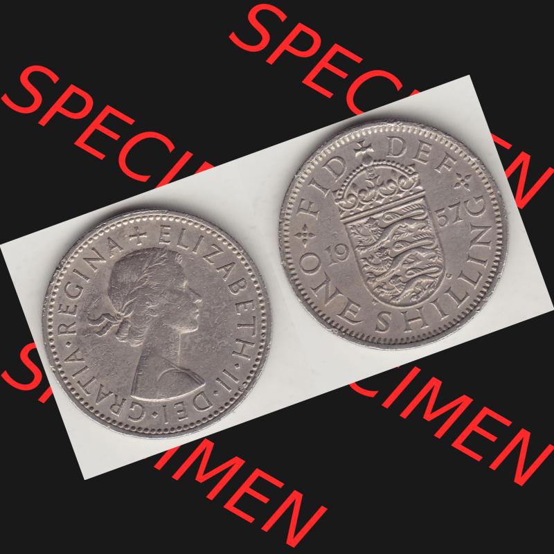 Münzen Großbritannien Umlaufmünze 1954-1970, 1 Schilling - Shilling, 1957-1 Wappen mit drei Löwen. Vorderseite und Rückseite horizontal auf einen digitalen... Sammlung