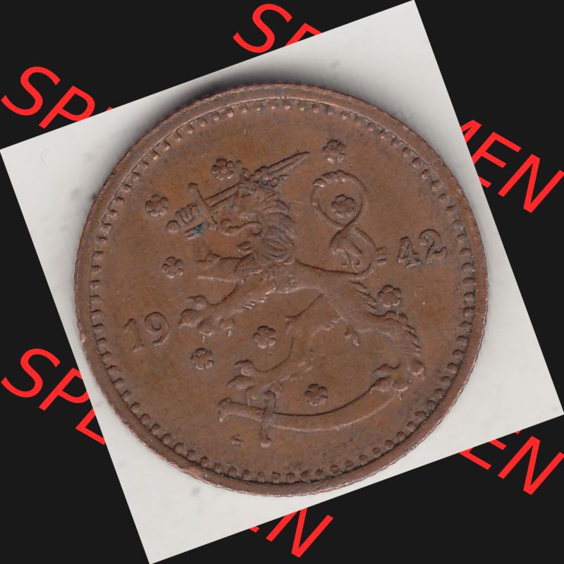 Alte Münzen KMS Finnland, Kursmünzensatz 1940-1951, 1 finnische Mark, Markka, Kupfer 1942-1. Vorderseite einer Münze aus KMS / Kursmünzen bzw.... Sammlung