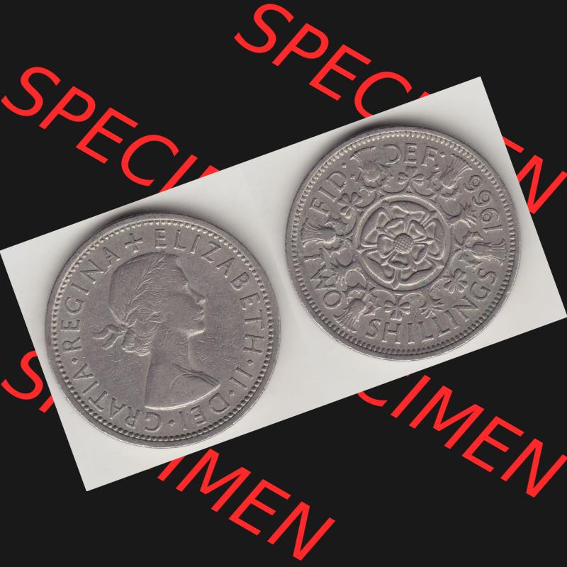 Münzen Großbritannien Umlaufmünze 1954-1970, 2 Schilling - Shillings 1966-6. Vorderseite und Rückseite horizontal auf einen digitalen Bild der alten britischen Münze... Sammlung