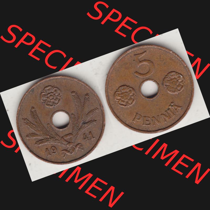 Alte Münzen KMS Finnland, Kursmünzensatz 1941-1943, 5 Penny, Penniä, Kupfer 1941-1. Digitales Bild / Bildmaterial mit Vorderseite und Rückseite einer... Sammlung
