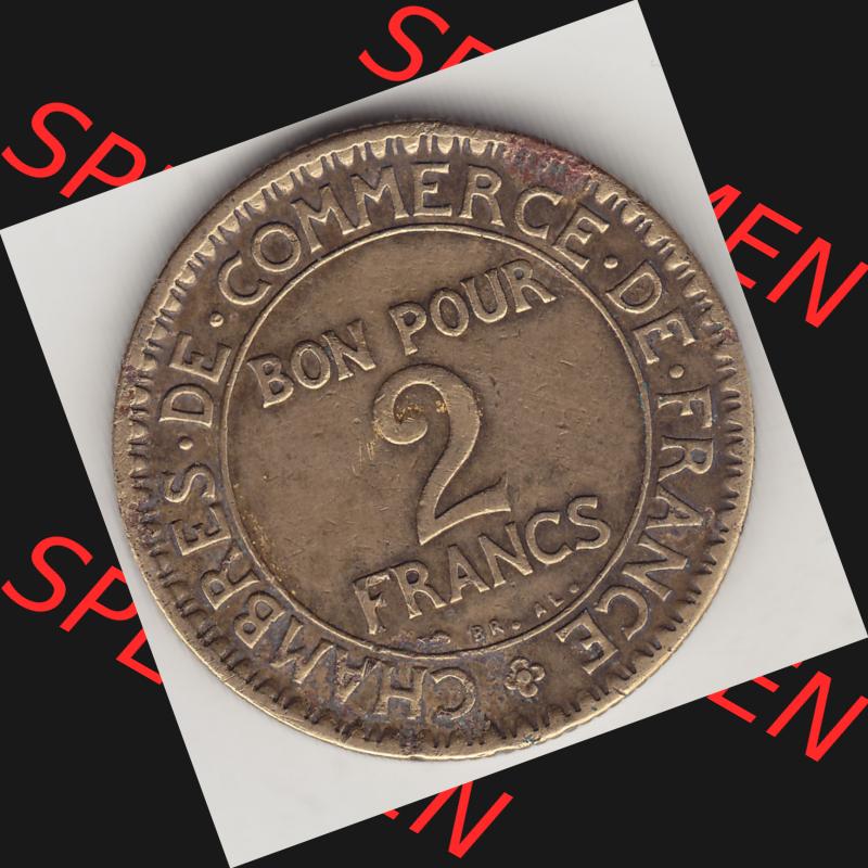 Münzen Frankreich Umlaufmünze 1920-1927, 2 Franken 1925-1, BON POUR 2 FRANCS CHAMBRES DE COMMERCE DE FRANCE. Rückseite der alten französischen Umlaufmünze aus... Sammlung