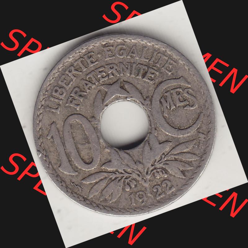 Münzen Frankreich Umlaufmünze 1917-1938, 10 Centimes, 10 CMES EGALITÉ FRATERNITÉ LIBERTÉ 1922-1. Digitales Bild der Rückseite mit Wertzahl / Nennwert... Sammlung