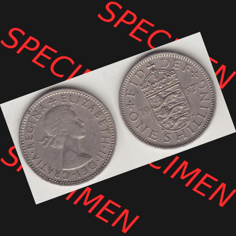 Münzen Großbritannien Umlaufmünze 1954-1970, 1 Schilling - Shilling, 1957-2 Wappen mit drei Löwen. Vorderseite und Rückseite horizontal auf einen digitalen... Sammlung