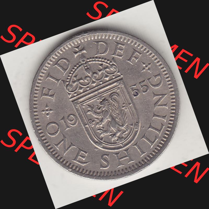 Münzen Großbritannien Umlaufmünze 1954-1970, 1 Schilling - One Shilling, 1955-1 Wappen mit einen Löwen. Rückseite der alten britischen Münze aus Großbritannien... Sammlung