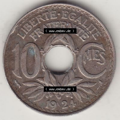 Münzen Frankreich Umlaufmünze Einzelansicht 1917-1938, 10 Centimes, 10 CMES EGALITÉ FRATERNITÉ LIBERTÉ 1924-1. Rückseite der alten französischen... Sammlung