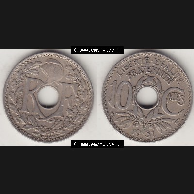 Münzen Frankreich Umlaufmünze Vollansicht 1917-1938, 10 Centimes, 10 CMES EGALITÉ FRATERNITÉ LIBERTÉ 1931-1. Vorderseite und Rückseite horizontal... Sammlung