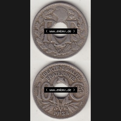 Münzen Frankreich Umlaufmünze Vollansicht 1917-1938, 10 Centimes, 10 CMES EGALITÉ FRATERNITÉ LIBERTÉ 1924-1. Vertikales beidseitiges Bildmaterial der Vorderseite... Sammlung