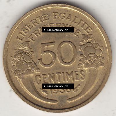 Alte Münzen KMS Frankreich, aus Kursmünzensatz-Zusammenstellung der Jahre 1917-1952, mit der Münze 1931-1947, 50 Centimes, 1938-1. Rückseite der alten... Sammlung