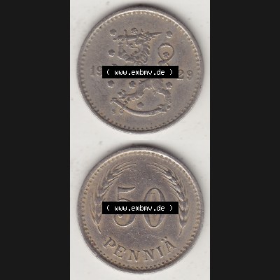 Alte Münzen KMS Finnland, Kursmünzensatz 1921-1940, 50 Penny, Penniä 1929. Digitales Bild / Bildmaterial für IPhone und Mobil-Geräte mit Vorderseite... Sammlung