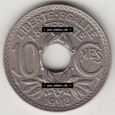 Münzen Frankreich Umlaufmünze Einzelansicht 1917-1938, 10 Centimes, RF - Frankreich 10 CMES EGALITÉ FRATERNITÉ LIBERTÉ 1918-1. Rückseite der alten... Sammlung