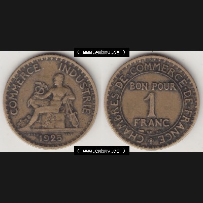 Münzen Frankreich Umlaufmünze 1920-1927, 1 Franken BON POUR 1 FRANC 1925. Vorderseite und Rückseite horizontal auf einen digitalen Bild der alten französischen Umlaufmünze... Sammlung