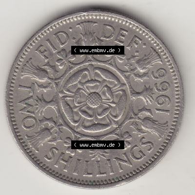 Münzen Großbritannien Umlaufmünze 1954-1970, 2 Schilling - Shillings 1966-3. Rückseite der alten britischen Münze aus Großbritannien zum katalogisieren und... Sammlung
