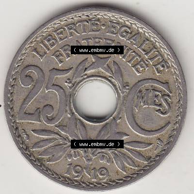 Münzen Frankreich Umlaufmünze 1917-1937, 25 Cmes, Centimes 1919-1 LIBERTE EGALITE FRATERNITE (2) Sammlung