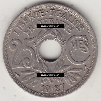 Alte Münzen KMS Frankreich, aus Kursmünzensatz-Zusammenstellung der Jahre 1917-1952, mit der Münze 1917-1937, 25 Cmes, Centime 1927-1. Rückseite der alten... Sammlung