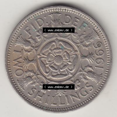 Münzen Großbritannien Umlaufmünze 1954-1970, 2 Schilling - Shillings 1966-2. Rückseite der alten britischen Münze aus Großbritannien zum katalogisieren und... Sammlung