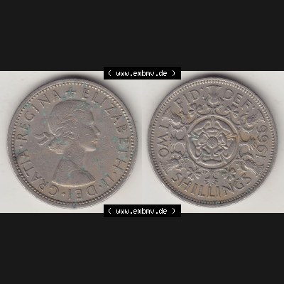 Münzen Großbritannien Umlaufmünze 1954-1970, 2 Schilling - Shillings 1966-5. Vorderseite und Rückseite horizontal auf einen digitalen Bild der alten britischen Münze... Sammlung