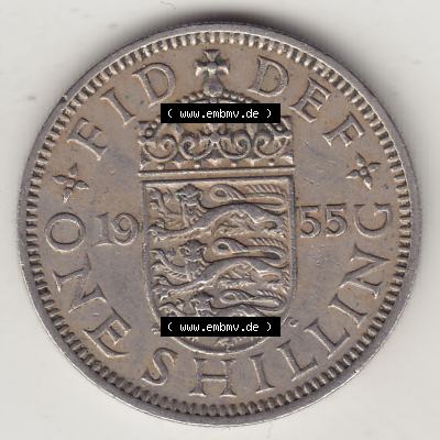 Münzen Großbritannien Umlaufmünze 1954-1970, 1 Schilling - Shilling, 1955-1 Wappen mit drei Löwen. Rückseite der alten britischen Münze aus Großbritannien... Sammlung