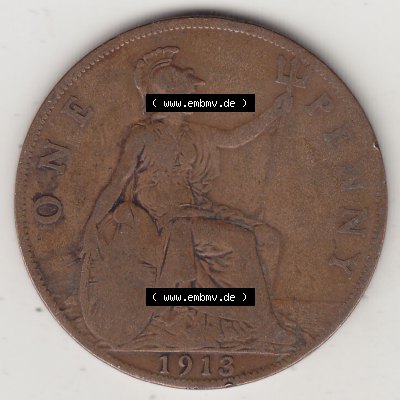 Münzen Großbritannien Umlaufmünze 1911-1926, 1 One Penny, 1913-1, George V, B.M. GEORGIVS V DEI GRABRITTOMNREX FIDDEFINDIMP. Rückseite... Sammlung