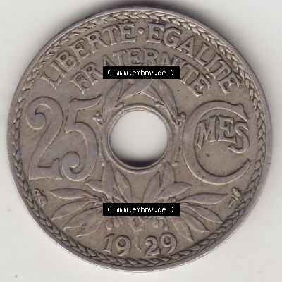 Münzen Frankreich Umlaufmünze 1917-1937, 25 Cmes, Centimes 1929-1 LIBERTE EGALITE FRATERNITE. Digitales Bild der Rückseite mit Wertzahl / Nennwert einer Umlaufmünze... Sammlung