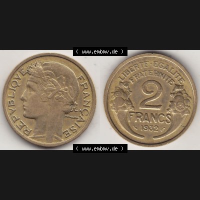 Alte Münzen KMS Frankreich, aus Kursmünzensatz-Zusammenstellung der Jahre 1917-1952, mit der Münze 1931-1941, 2 Franken, Francs, 1932-1. Vorderseite... Sammlung