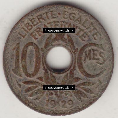Münzen Frankreich Umlaufmünze Einzelansicht 1917-1938, 10 Centimes, 10 CMES EGALITÉ FRATERNITÉ LIBERTÉ 1929-1. Rückseite der alten französischen... Sammlung