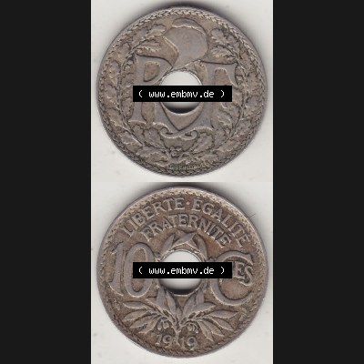 Münzen Frankreich Umlaufmünze Vollansicht 1917-1938, 10 Centimes, 10 CMES EGALITÉ FRATERNITÉ LIBERTÉ 1919-1. Vorderseite und Rückseite vertikal auf... Sammlung