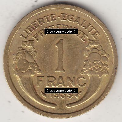 Alte Münzen KMS Frankreich, aus Kursmünzensatz-Zusammenstellung der Jahre 1917-1952, mit der Münze 1931-1941, 1 Franken, Franc, 1939-1. Rückseite... Sammlung
