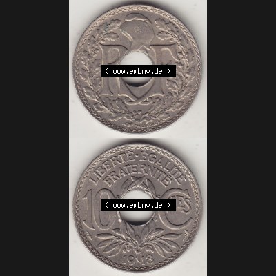 Münzen Frankreich Umlaufmünze Vollansicht 1917-1938, 10 Centimes, RF - Frankreich 10 CMES EGALITÉ FRATERNITÉ LIBERTÉ 1918-1. Vorderseite und Rückseite... Sammlung
