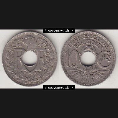 Münzen Frankreich Umlaufmünze Vollansicht 1917-1938, 10 Centimes, 10 CMES EGALITÉ FRATERNITÉ LIBERTÉ 1918-1. Beidseitiges Bildmaterial einer Umlaufmünze... Sammlung