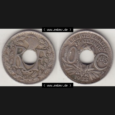 Münzen Frankreich Umlaufmünze Vollansicht 1917-1938, 10 Centimes, 10 CMES EGALITÉ FRATERNITÉ LIBERTÉ 1922-1. Vorderseite und Rückseite horizontal... Sammlung
